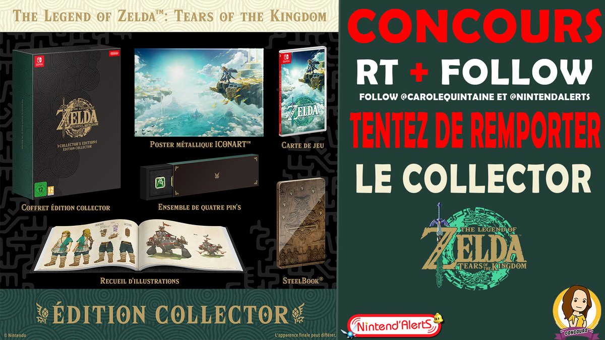 CaroleQuintaine's tweet image. #CONCOURS
Les amis, @nintendalerts et moi vous offrons le Collector de #ZeldaTearsOfTheKingdom 🔥
Pour participer : 

✅RT + Suivre @CaroleQuintaine &amp;amp; @nintendalerts 
✅-Être abonné à ma chaine Youtube (capture d&apos;écran)  
youtube.com/@CaroleQuintai… 
TAS : 1/05/2023
Bonne chance 🍀