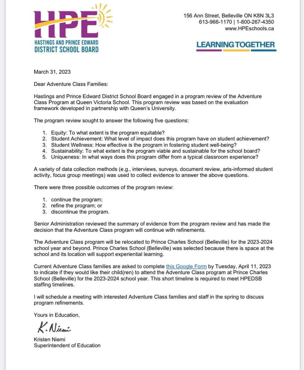 HPE_Adventure's tweet photo. Wonderful news and pure joy shared this morning! The review for the @HPEschools Adventure Class Program is complete and we will continue at Prince Charles Public School in Belleville for the 2023/2024 school year! Refinements to the program will be discussed at a later date. https://t.co/xe9c1CXZMN