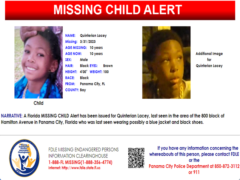 PLEASE SHARE!

FL MISSING CHILD Alert 10yo B/M for Quinterian Lacey, 4'0", 100 lbs, black hair/brown eyes, last seen near 800 block of Hamilton Avenue in Panama City, FL, possibly wearing blue jacket &amp; black shoes. Contact Panama City PD at 850-872-3112 or 911.  #FLMissingChild