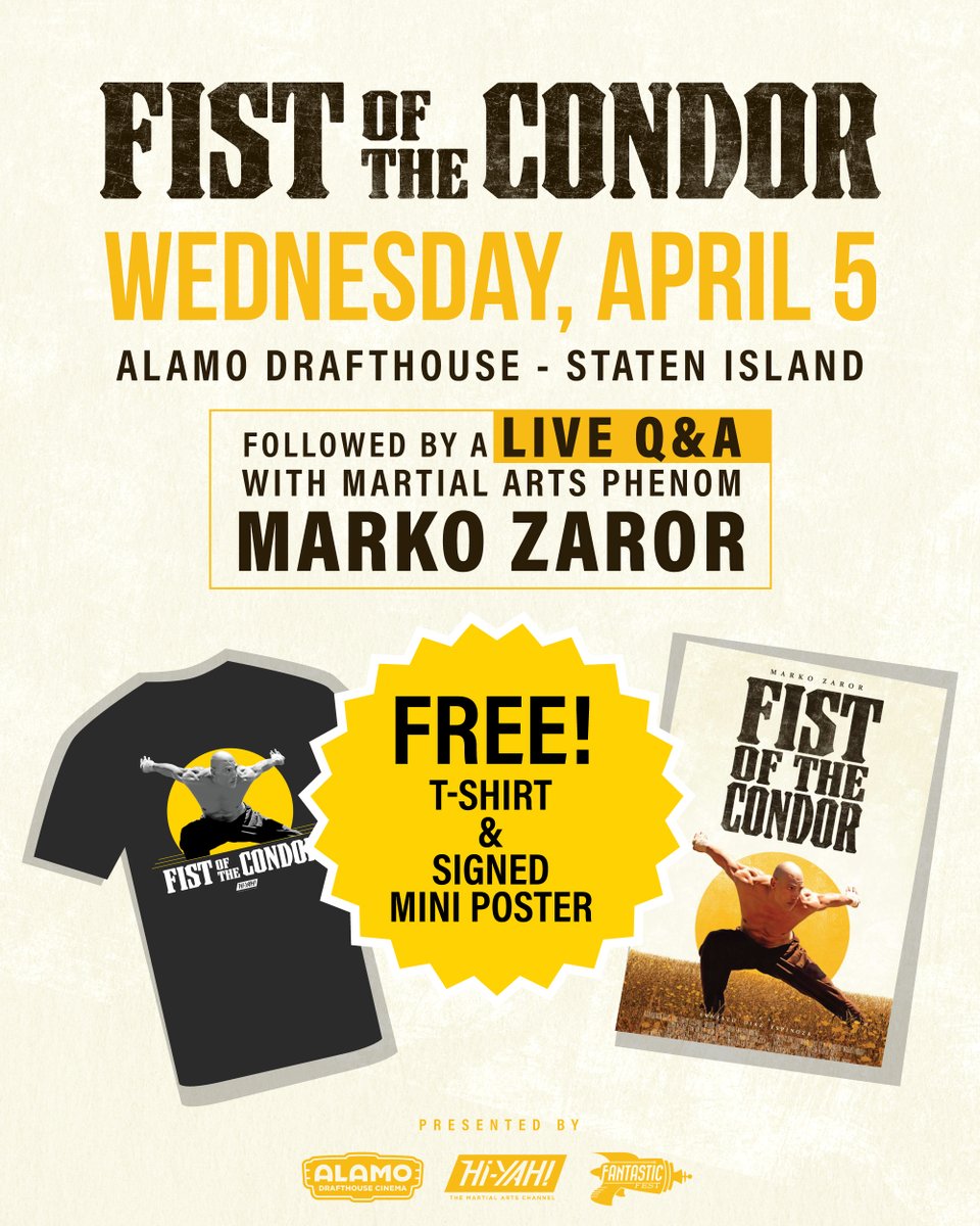 wellgousa's tweet photo. Come hang out with us at @AlamoNYC for an exclusive screening of FIST OF THE CONDOR followed by a LIVE Q&amp;A with @markozaror! Plus, get a FREE T-shirt and signed mini poster. 🙌 Get tickets now – https://t.co/UV0mje56Uy

👉 Not in NYC? No problem. Swipe to see more screenings! https://t.co/9TJPgA3oBL