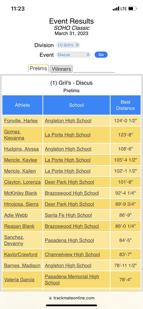 LaPorteRunning's tweet photo. Kaylee, Kailen, and Kiki putting up some points! Thatβs a big PR for Kiki Gomez π₯ π₯ #LPThrows #SoHoClassic #discus #trackandfield https://t.co/hgHnSpnHaG