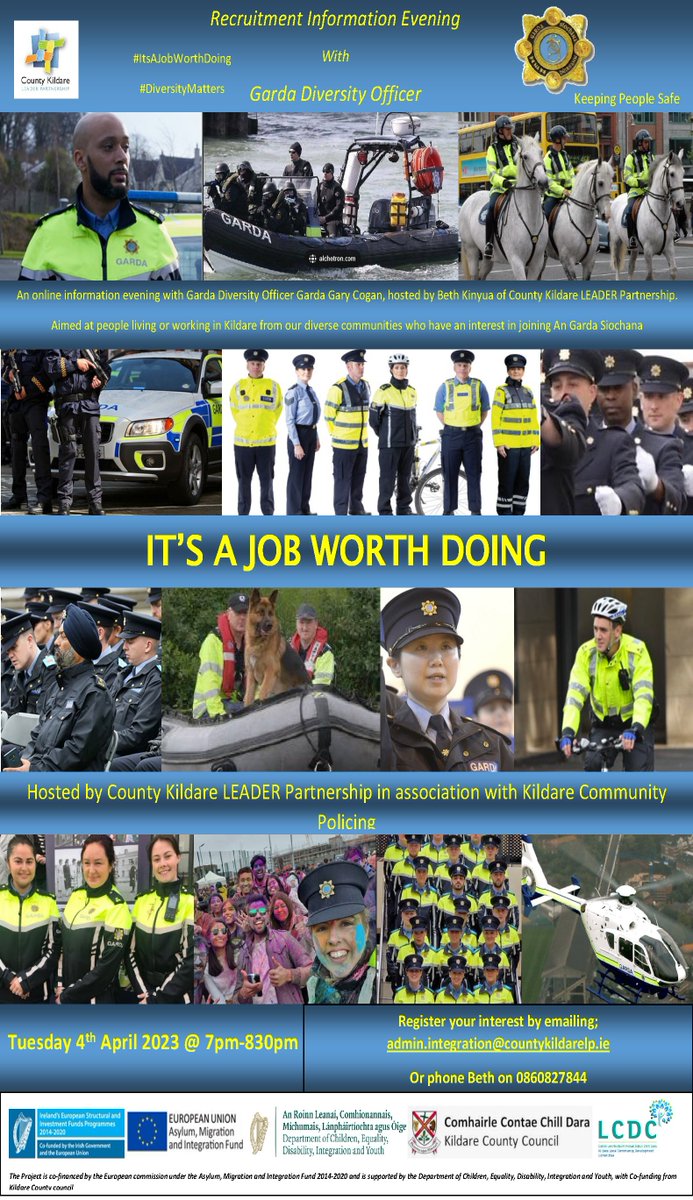 Online information session for minority community members interested in finding out about career opportunities with An Garda Síochána 4th April 7pm Register via email to admin.integration@countykildarelp.ie or 086 0827844 #diversitymatters