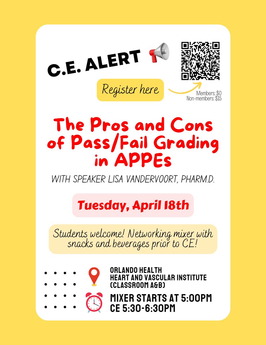 New month, new CE opportunity! Join us for an interactive, in-person discussion! FREE FOR CFSHP MEMBERS. Pre-CE Networking mixer prior to presentation! Deadline to register 4/17 ➡️ fshp.org/events/EventDe…
#cfshpevents #fshp #pharmacyschool #appes