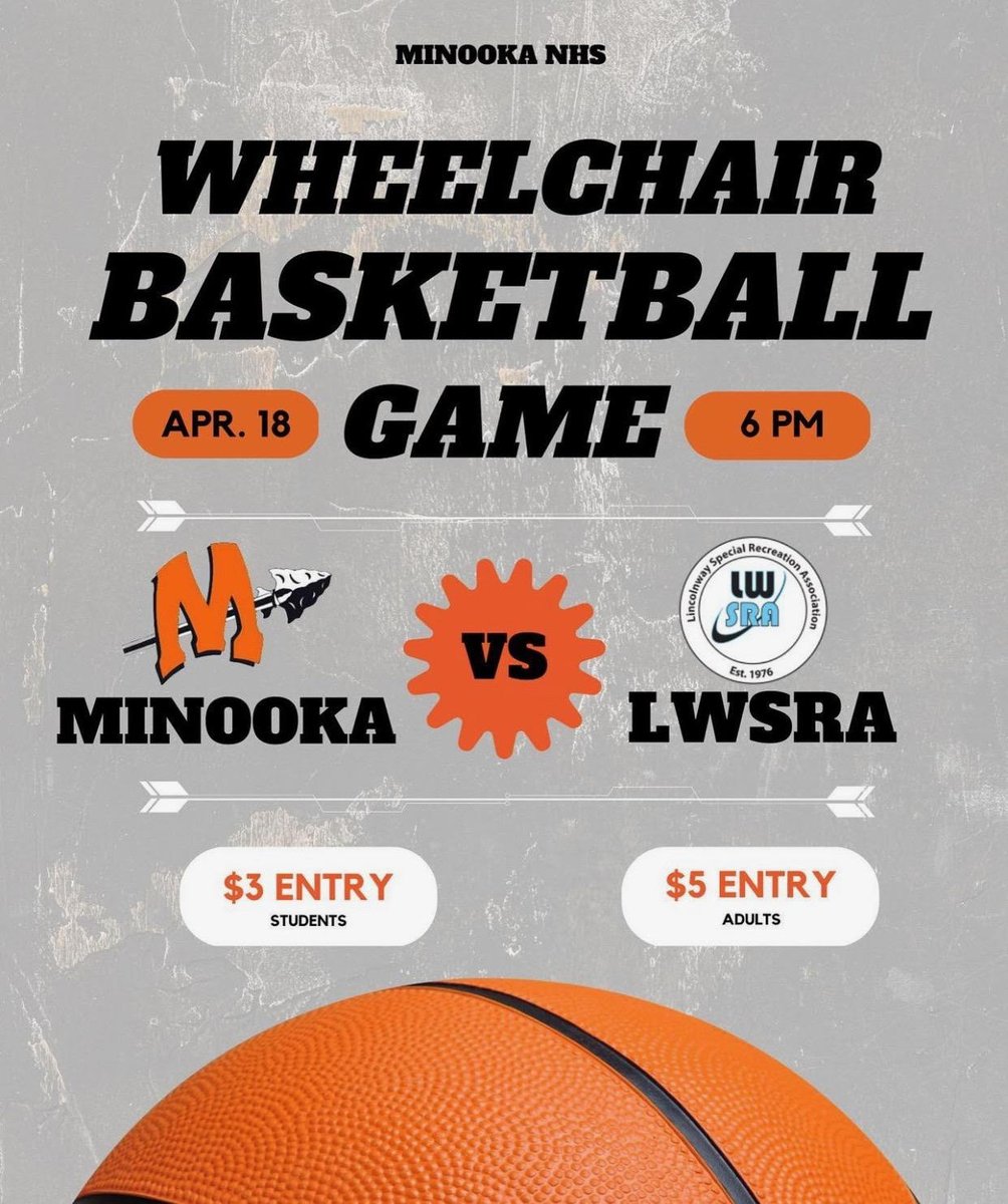 MCHSDistrict111's tweet photo. Join us on 4/18 at 6 p.m. for the Wheelchair Basketball charity game hosted by @minookanhs1  and @lwsra. All proceeds go to LWSRA to provide recreation and leisure services for individuals with physical or intellectual disabilities. Get your tickets today: https://t.co/LXIfGDmBC3 https://t.co/L2XWAZyDdA