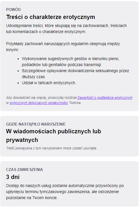 Bratku co tutaj sie dzieje, jak cos to wcale nie jest ban za stream z Lublina tylko za pixelowy art z dupa wyslany na chacie u suchara (chyba, bo nie przypominam sobie innej sytuacji), ale ze mnie zwyrodnialec.
 Pozdrawiam wszystkich zza krat.