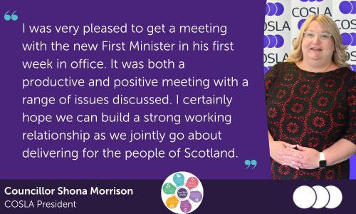 This afternoon COSLA President @MorayShona met with the new First Minister, @HumzaYousaf to discuss the position and future of local government in Scotland. Read more ➡️bit.ly/3JYS51R