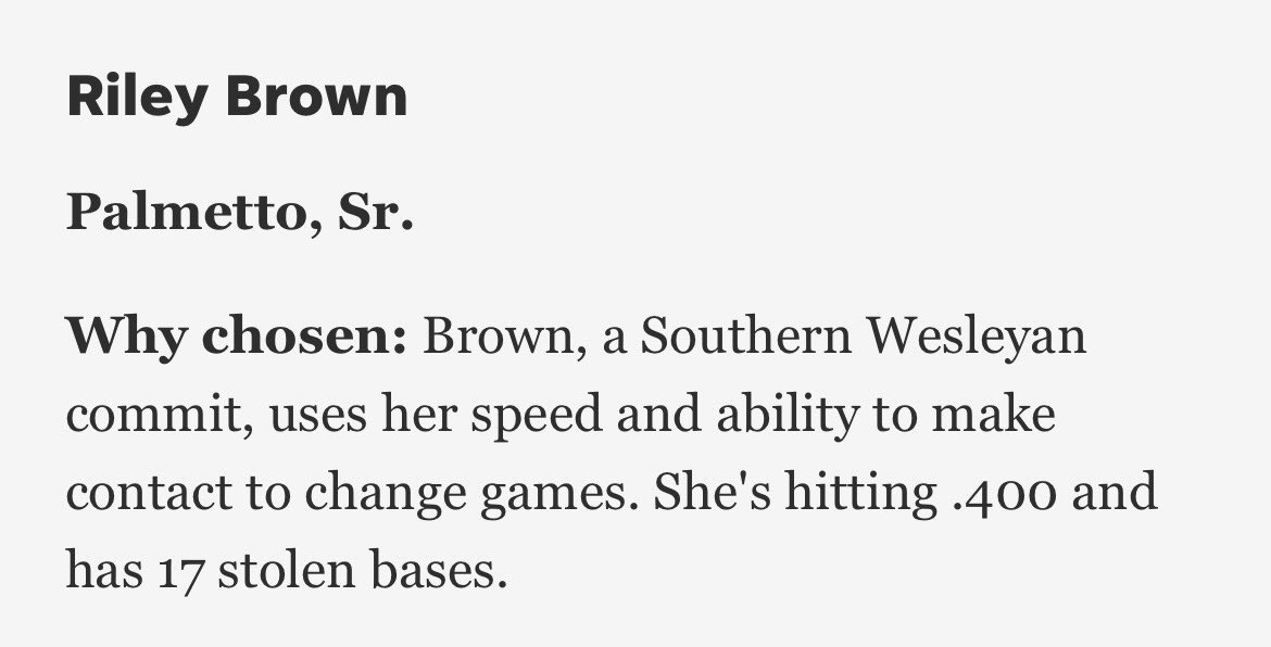 Excited to be named as one of the top 25 players to watch in the Anderson/Pickens area by Independent Mail!!! <a href="/PalmettoSoftba1/">Palmetto Softball</a> <a href="/SoftballSwu/">SWU Softball</a> <a href="/CarolinaEliteS1/">Carolina Elite SC- Duck</a>