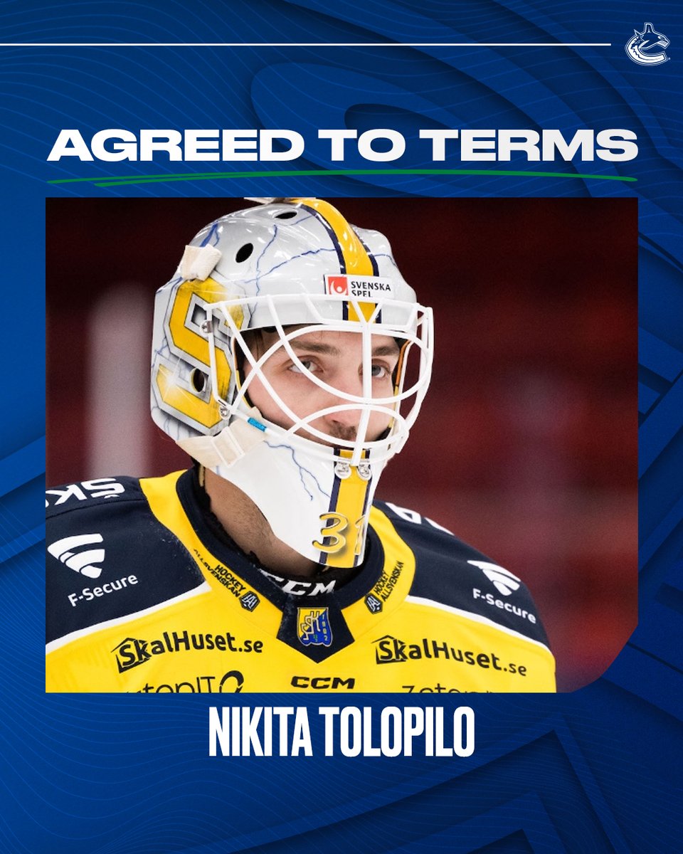 Canucks's tweet image. General Manager Patrik Allvin announced today that the club has agreed to terms with goaltender Nikita Tolopilo on a two-year, entry-level contract.