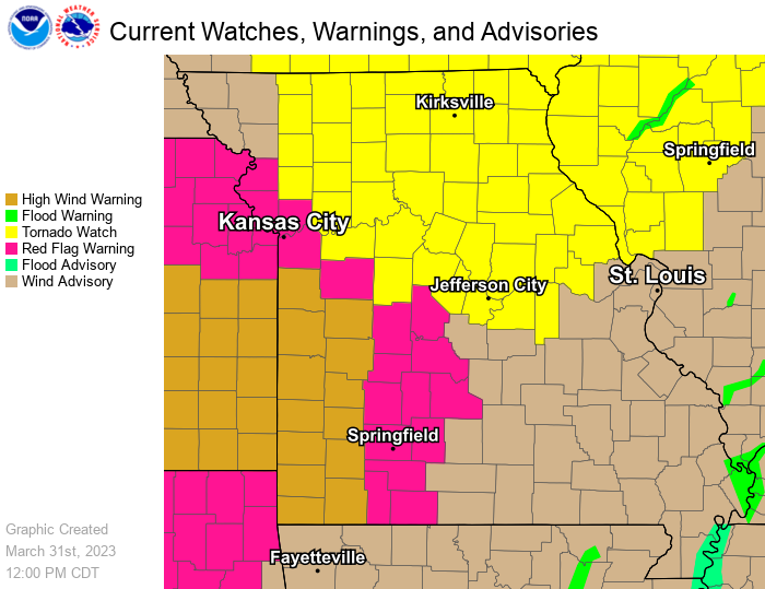MoPublicSafety's tweet photo. There is high confidence that Missouri will be impacted by severe weather.
Much of the state is now under a Tornado Watch.
Pay close attention to your local forecast.
Always know where you will take shelter.
Adjust your plans to avoid travel during times of high risk.
#MoWx https://t.co/h4zM15izg4