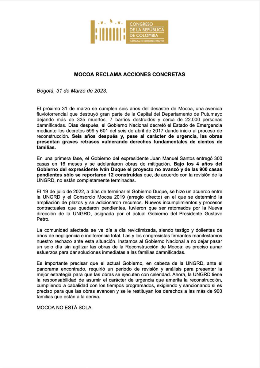 CancimanceL's tweet photo. #Comunicado
Desde el Congreso Representantes, Senadores y Senadoras, pedimos al Gobierno del Presidente @petrogustavo y la Vicepresidenta @FranciaMarquezM no dejar pasar un solo día sin agilizar las obras de la Reconstrucción de Mocoa.
Por los damnificados #SOSMOCOA https://t.co/OJ5pZoBmHJ