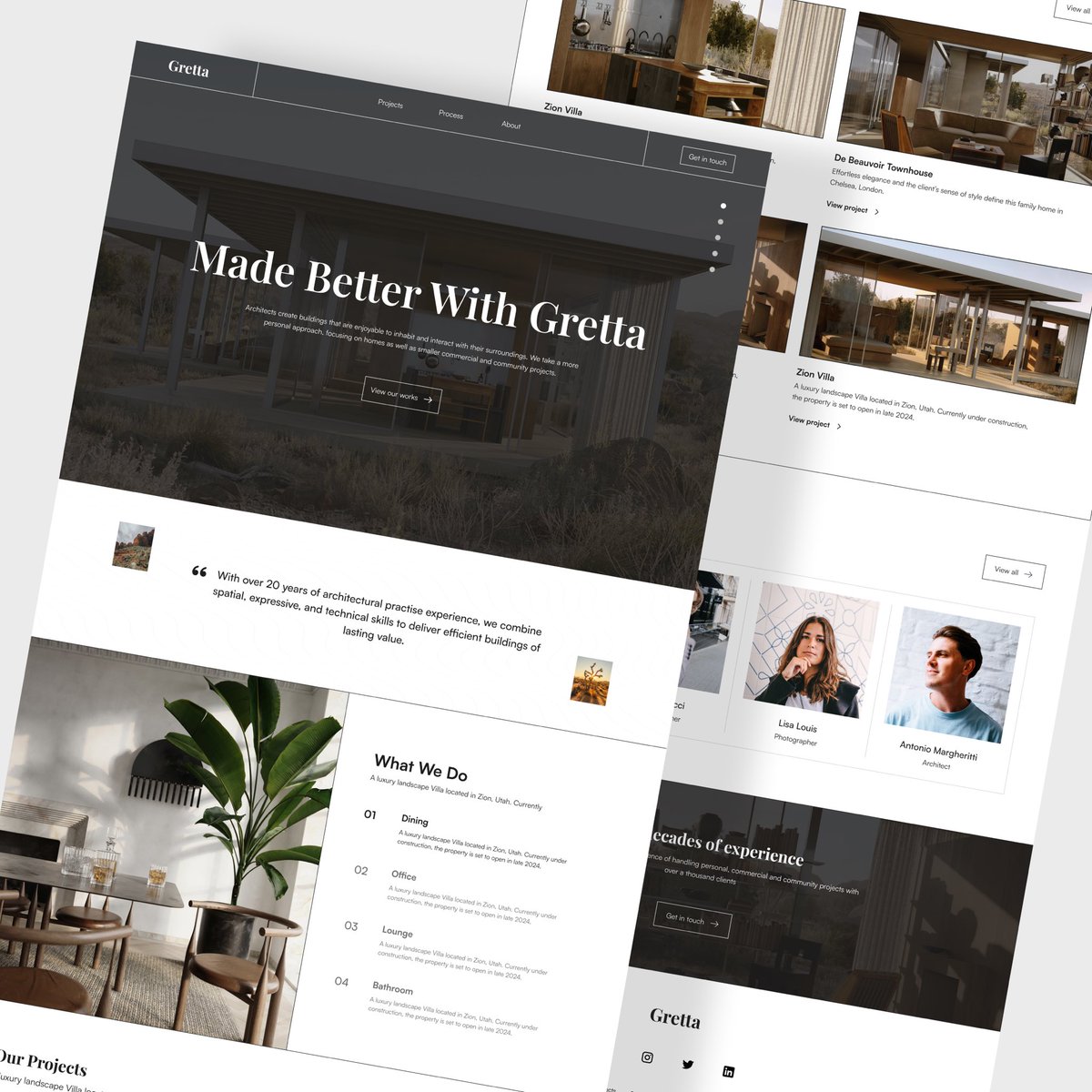 justglow__'s tweet photo. So I hoped on @TheOfficialRDL design challenge🙂… here’s an architecture editorial themed landing page #rdl2 https://t.co/rE4tcP9WLi