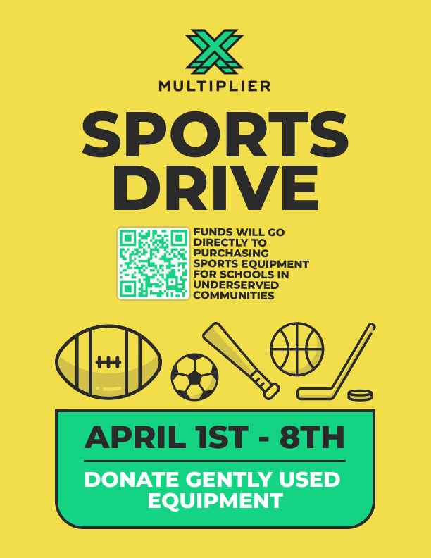 bethemultiplier's tweet photo. We are excited to announce the launch of our first annual Multiplier Sports Drive! 

April 1-8, our nationwide team will be collecting donations of new to gently used sports equipment and funds to support youth development through the power of sports in our local communities. https://t.co/FyR8OsOFSG