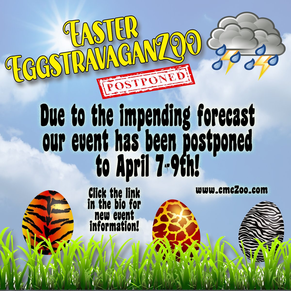 Hoping for better Spring weather next week we have postponed our Easter EggstravaganZoo event to Friday, April 7th through the Sunday the 9th.  Join us for Easter Bunny photos on Friday only from 11 am to 2 pm.   cmcZoo.com for more info