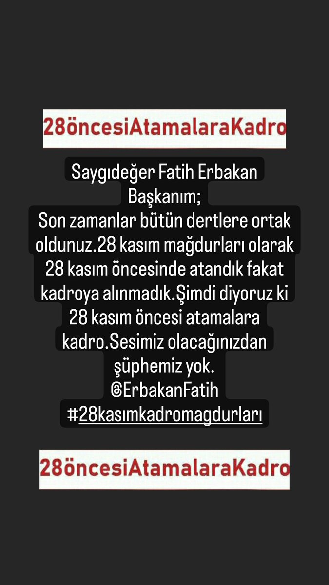 HakanEr85065877's tweet photo. Saygıdeğer Fatih Erbakan Başkanım;
Son zamanlar bütün dertlere ortak oldunuz.28 kasım mağdurları olarak 28 kasım öncesinde atandık fakat kadroya alınmadık.Şimdi diyoruz ki 28 kasım öncesi atamalara kadro.Sesimiz olacağınızdan şüphemiz yok.
@ErbakanFatih
#28kasımkadromagdurları https://t.co/7vYU0lqPuL