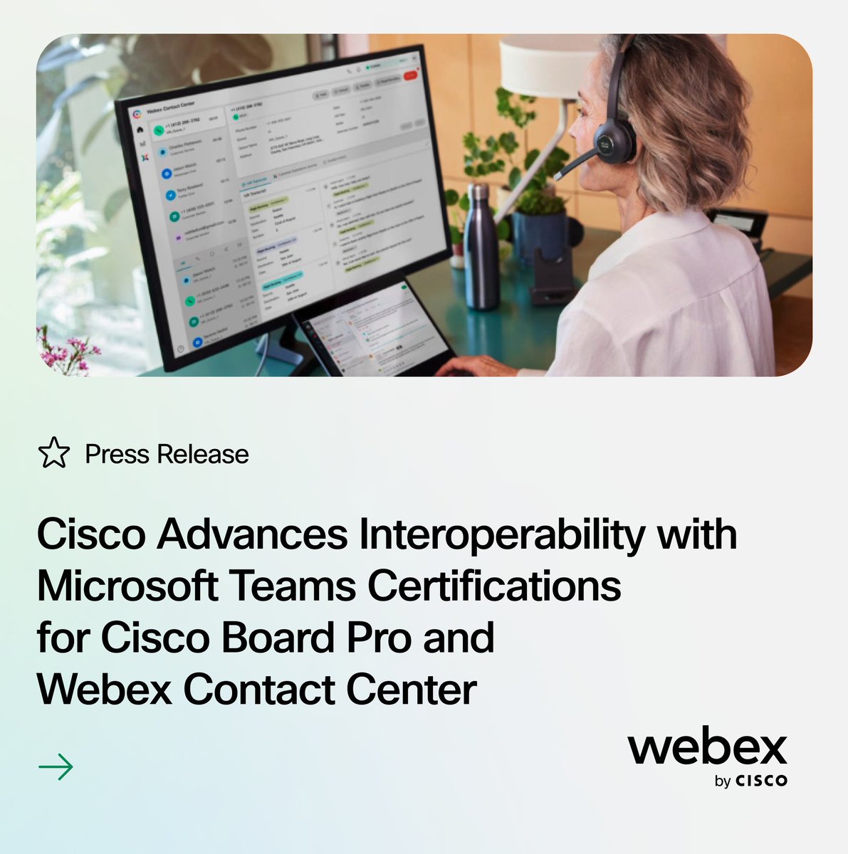 Webex's tweet photo. Announced this week: Expanded interoperability of Cisco’s hardware + software portfolios.

Webex Contact Center and the Cisco Board Pro are now Certified for @MicrosoftTeams.