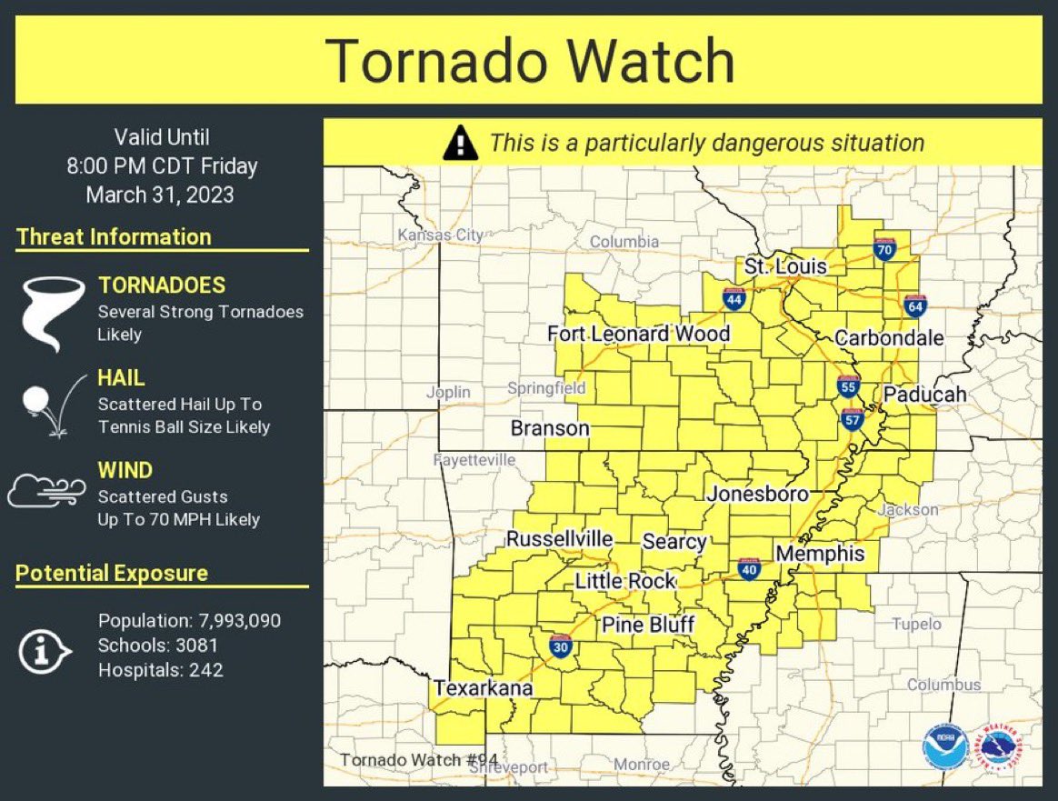 PDS (Particularly Dangerous Situation) tornado watch has been issued until 8 pm. Less than 1% of all tornado watches are PDS watches. 

STAY WEATHER AWARE! KNOW YOUR SAFE PLACE!