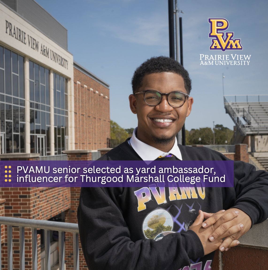 PVAMU's tweet photo. Prairie View A&amp;M University senior Jayven Jean-Louis was selected as a Yard Ambassador &amp; Influencer (YA&amp;I) for the Thurgood Marshall College Fund. 

Click the link below to learn more:
https://t.co/0oV5ATiz4S

#PVAMU https://t.co/jhssoLa4yy