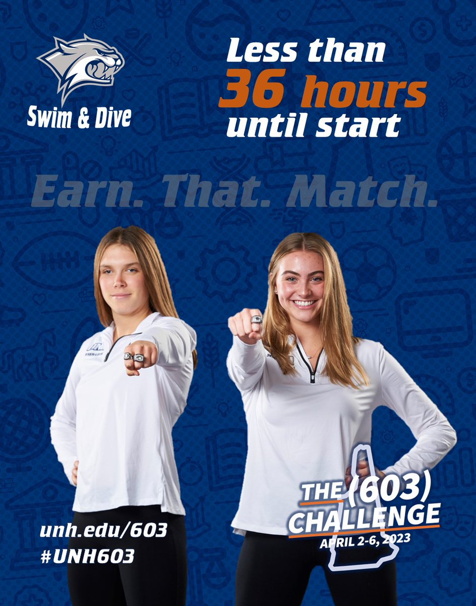 unhswimdive's tweet image. Your support will help us chase another championship ring! 

The #603challenge starts in less than 36 hours at 12:00am on Sunday, April 2nd!

#EarnThatMatch #GiveEarlyGiveFast #BeTheRoar #UNH603