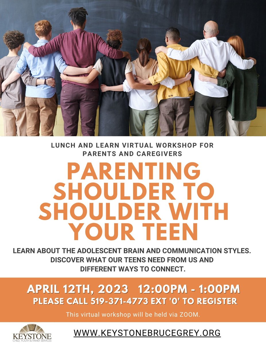 Virtual Workshop: Parenting Shoulder to Shoulder with your Teen
Learn about the adolescent brain and communication styles. Discover what our teens need from us and how to connect in different ways.
April 12th from 12:00- 1:00pm Via Zoom 
Call 519-371-4773 ext ‘0’ to register.