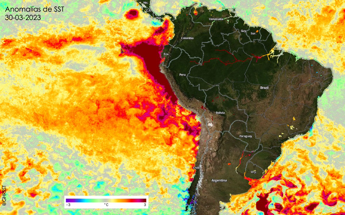 Las anomalías de temperatura superficial del mar en la costa sudamericana son una locura.

Valores diarios de anomalía >3°C.