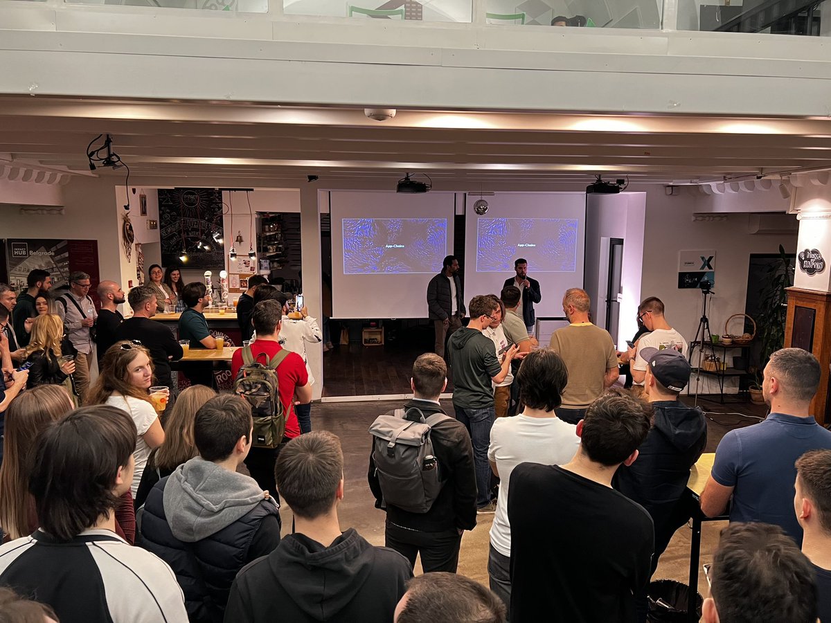 AtanasovskiP's tweet photo. We just kicked off @blockem0n meetup with @lazartravica from @trapesys and @myalya from @0xPolygonLabs talking about @0xPolygon Supernets and AppChains https://t.co/QRWCOKqh6x