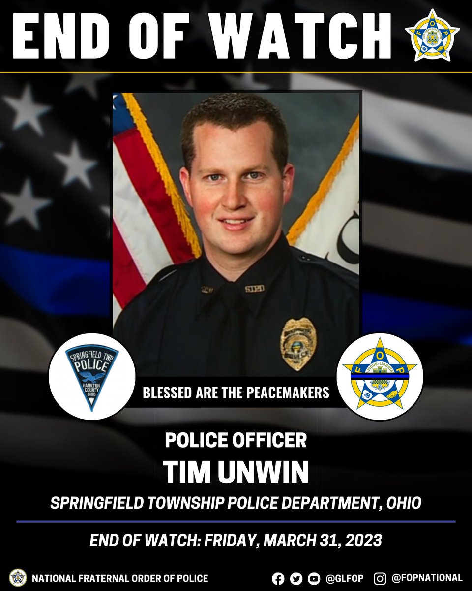 🔹 Blessed Are The Peacemakers 🔹

Police Officer Tim Unwin

Springfield Township Police Department, Ohio

EOW: Friday, March 31, 2023

#EnoughIsEnough #OfficerDown #EOW #ThinBlueLine