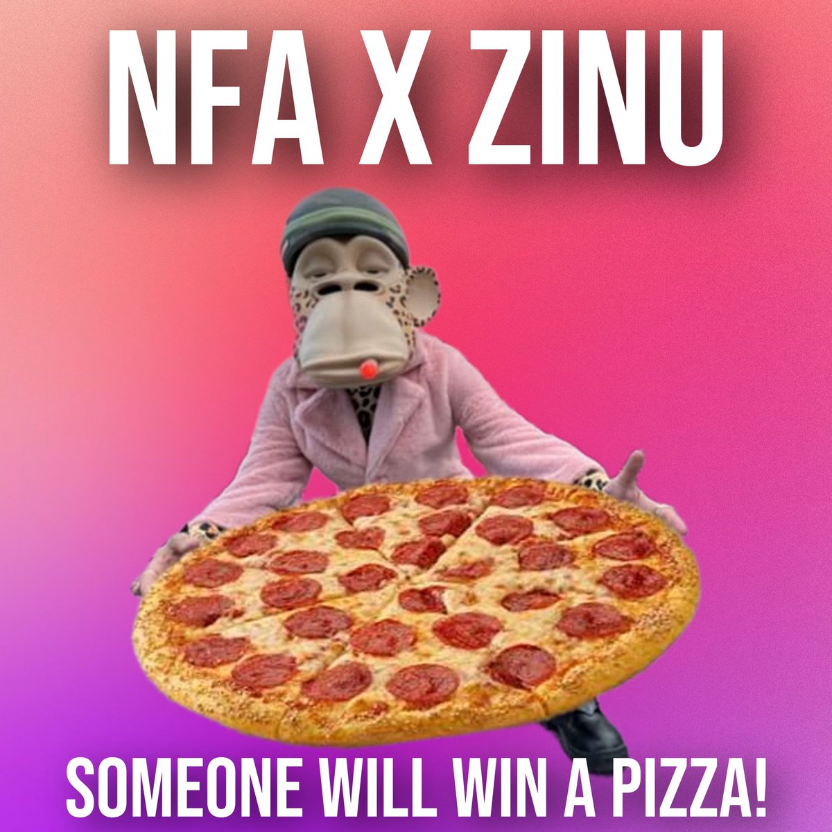 NFA x ZINU Partner space!

<a href="/SidneyRichlin/">Nifty Vicious</a> giving away a Pizza!

Follow: <a href="/NFA_Inc/">Non-Fungible Art Inc</a> <a href="/ZinuToken/">𝗭𝗜𝗡𝗨</a> <a href="/vitaltoys/">Vital Toys</a>

Tag 3, Like, Retweet this post! 

BE IN THIS SPACE⬇️
x.com/i/spaces/1mnxe…

PRE-SALE OPEN NOW!
vitaltoys.io/drbombay/

#BAYC #Giveaway