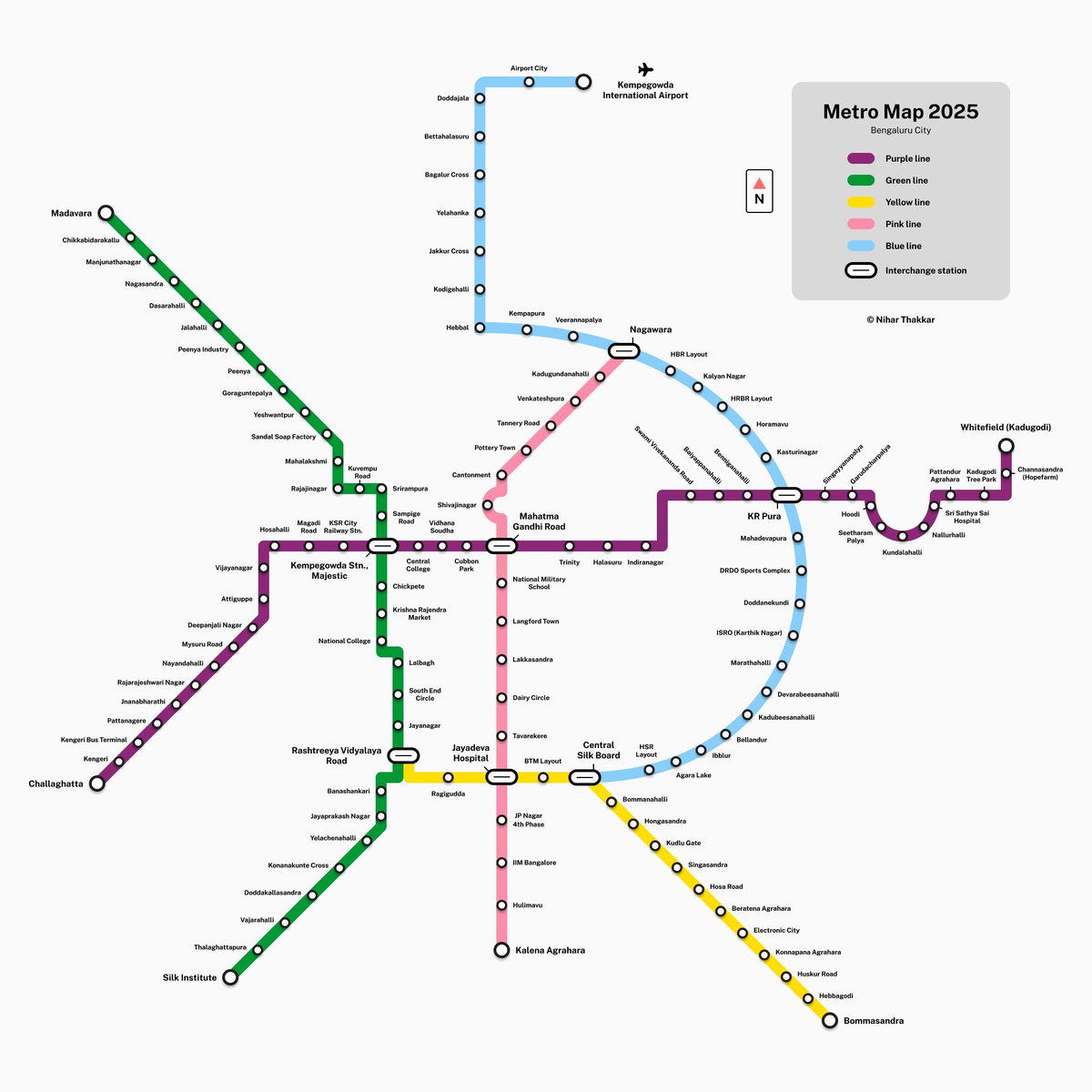 Designed my first transit map! 'Metro Map 2025' - a schematic representation of #NammaMetro's under-construction network. Comments?