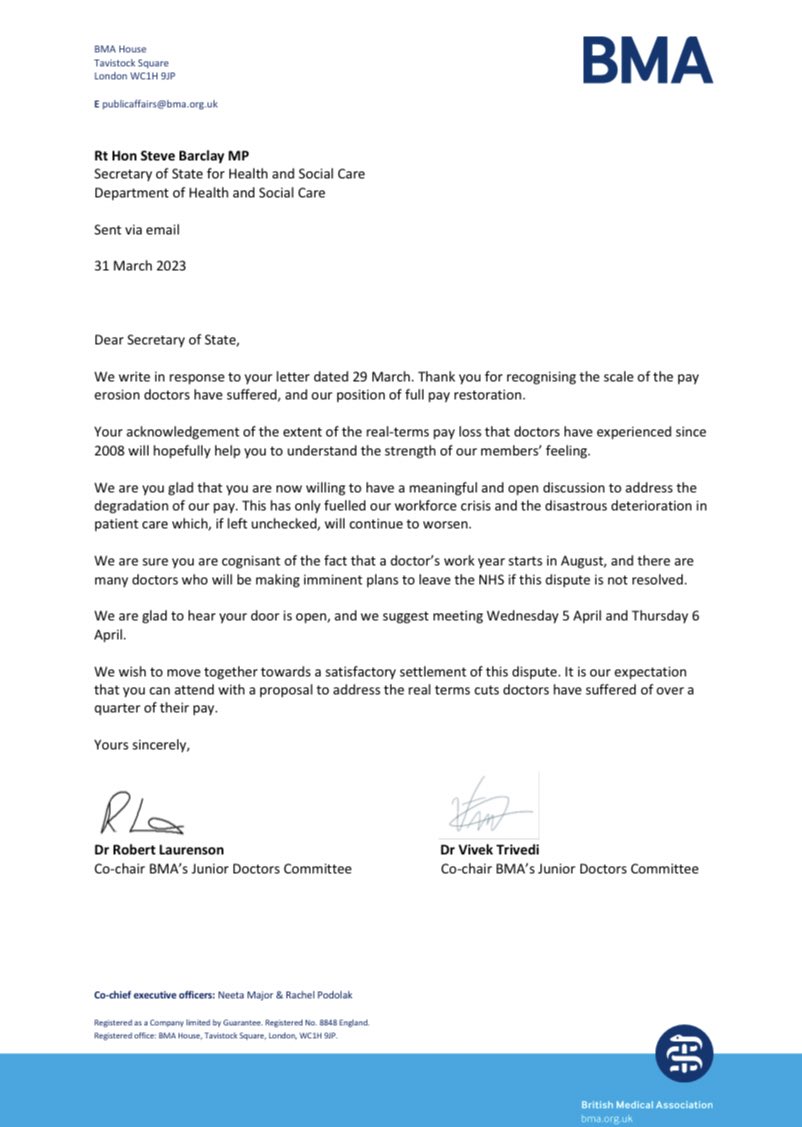 Our JDC co-chairs have again written to @SteveBarclay requesting a meeting to discuss how we secure full #payrestoration for junior doctors in England. We look forward to speaking with him next week.  Read the letter below 👇