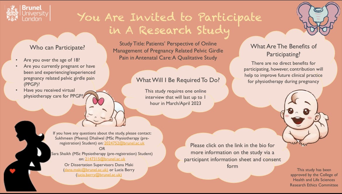Have you experienced pregnancy related pelvic girdle pain (PPGP) and received online management for PPGP?

Please participate in our research dissertation study at Brunel, share your experience and aid PPGP research!

Participation link: brunel.onlinesurveys.ac.uk/physiotherapy-…

@askmidwifeUK