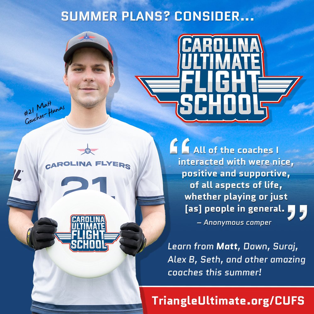 Got summer plans? Consider the Carolina Ultimate Flight School! 👀 Learn from top Flyers and Radiance instructors 🙌 Make new friends and meet new people 😁 Find more info at TriangleUltimate.org/CUFS