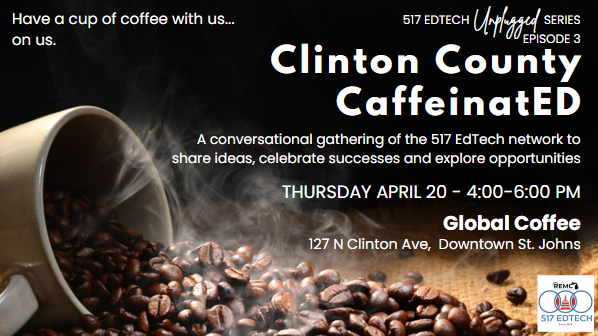 hs_math_phys's tweet photo. BREAKING: #517EdTech Unplugged, Episode 3 will be on April 20 at Global Coffee in St. Johns.
All #517EdTech educators are welcome to join us. We'll even buy you a cup of good coffee.
Head to https://t.co/nuPfTtKgnA for more information. https://t.co/mcLKmSqlEF