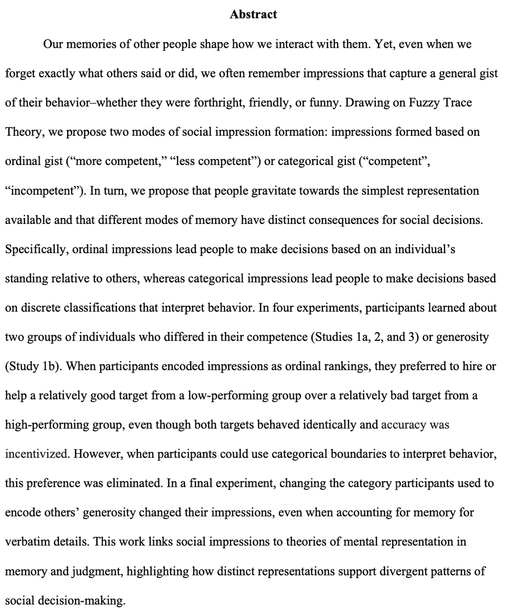 Leor Hackel (@leorhackel) on Twitter photo New in JEP:G with <a href="/pmendesiedlecki/">Peter Mende-Siedlecki</a>:
We often forget details of others' behavior but remember the gist.
Drawing on Fuzzy Trace Theory, we find that people form social impressions in two modes that lead to very different choices about who to help or hire.
hackellab.org/_files/ugd/c5d… New in JEP:G with <a href="/pmendesiedlecki/">Peter Mende-Siedlecki</a>:
We often forget details of others' behavior but remember the gist.
Drawing on Fuzzy Trace Theory, we find that people form social impressions in two modes that lead to very different choices about who to help or hire.
hackellab.org/_files/ugd/c5d…