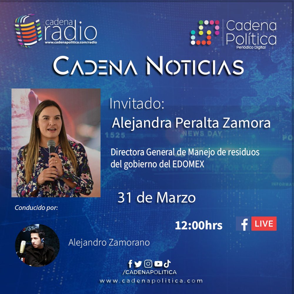 CadenaRadioMx's tweet photo. Este viernes por #CadenaNoticias no te pierdas la entrevista con @aleperalta 12:00hrs por #CadenaRadioMX con @AlexZG1 https://t.co/lPiYy2dkq5