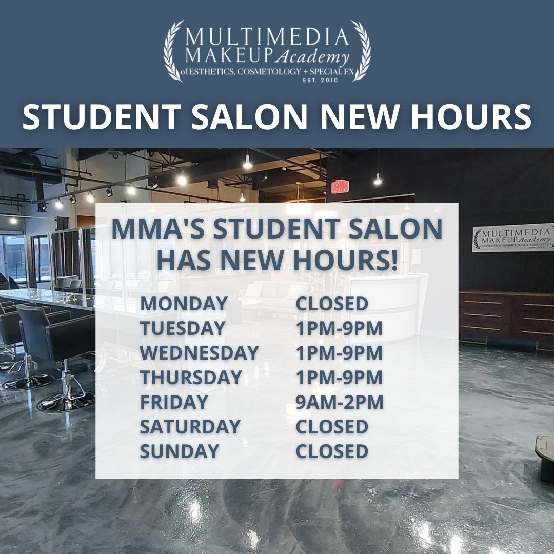 MMAmakeupacad's tweet photo. ‼️MMA STUDENT SALON ANNOUNCEMENT‼️
MMA's Student Salon has NEW hours! 

#esthetician #esthetics #estheticianlife #estheticianstudent #estheticsschool #waxing #wax #waxingsalon #hairremoval #salon #spa #student #school #education #beauty #beautyschool #cosmetology https://t.co/XMxaAaBPDv