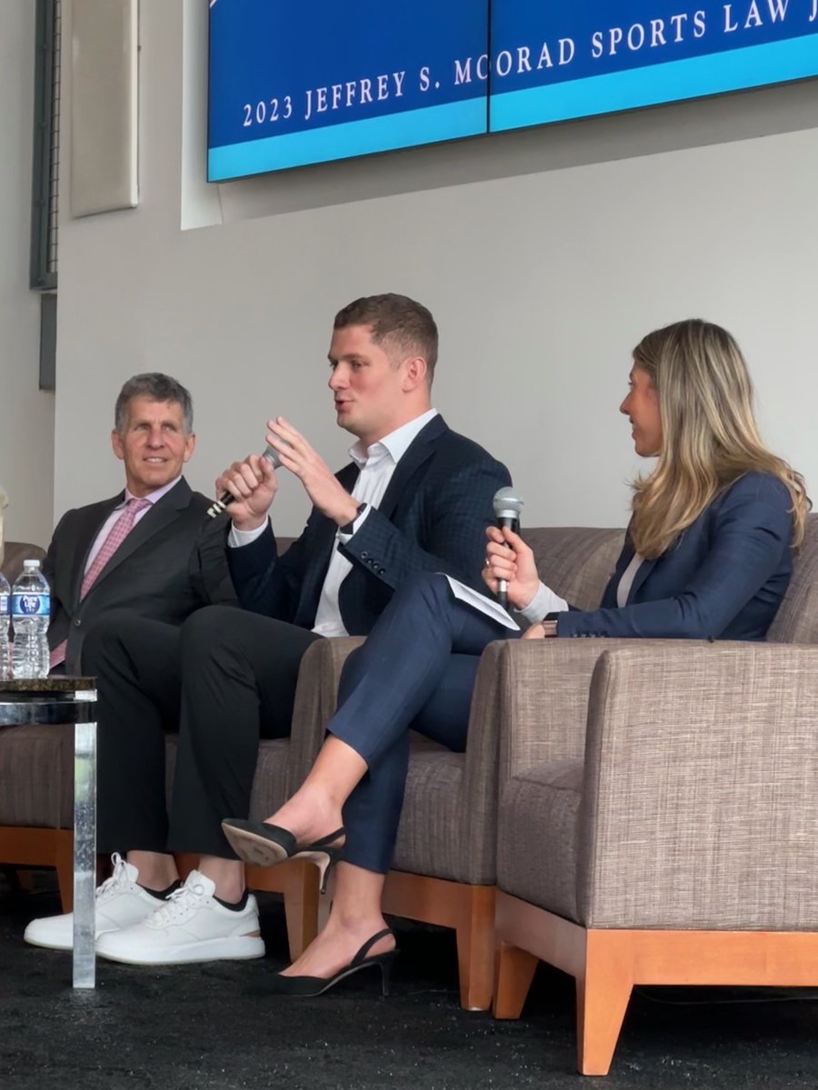 Very interesting conversation at the 2023 #MooradSymposium between #NFL player Carl Nassib, <a href="/AndrewBrandt/">Andrew Brandt</a> &amp; <a href="/Villanova_Law/">Villanova Law</a> student Grace Polisano