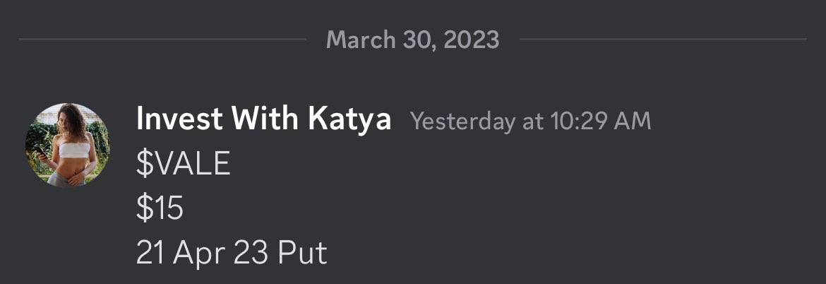 InvestWithKatya's tweet photo. $VALE 
$15
21 Apr 23 Put

Posted on the chat yesterday closing at 21% :)

Still has a LOT of room to run too

👇🏻Join me here for more plays like this

💬FREE discord chat 📲 https://t.co/Qolpi1W9O3

🔶Premium chat📲 https://t.co/lN6a8YH5w2

#OptionsTrading #stonks #StockMarcket https://t.co/oKhmpgTN8h