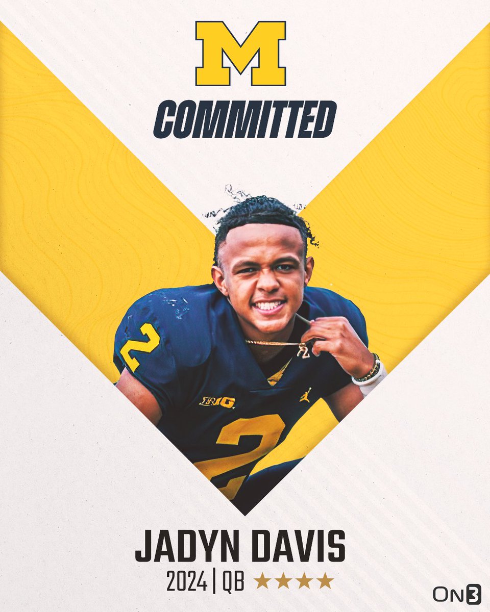 TheWolverineOn3's tweet image. 🚨BREAKING: Michigan football lands 2024 QB Jadyn Davis, the No. 26 overall player in the country🚨

Details HERE: on3.com/teams/michigan…
