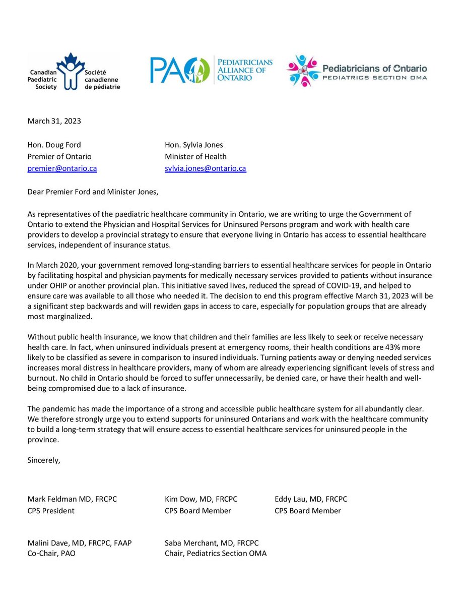 No child should suffer unnecessarily, be denied care, or have their health & wellbeing compromised due to a lack of insurance. We urge the Ontario government to extend supports for uninsured Ontarians. Full statement: cps.ca/uploads/advoca… @PedsOntario @OntariosDoctors #OnPoli