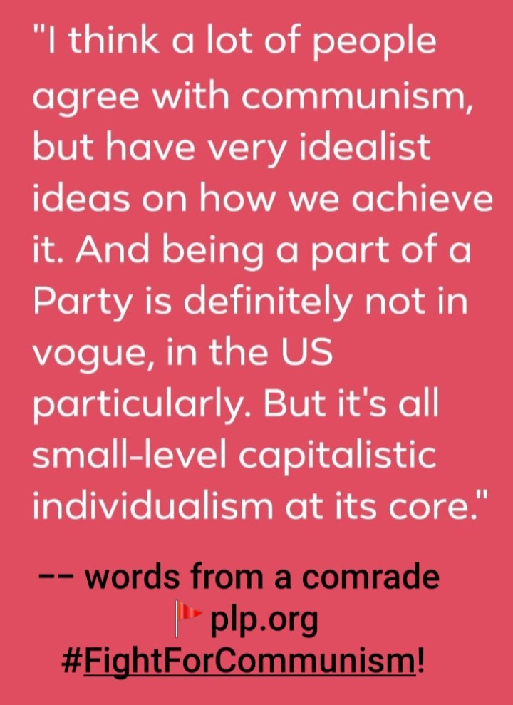 plpchallenge's tweet photo. "I think a lot of people agree with communism, but have very idealist ideas on how we achieve it. And being a pat of a Party is definitely not in vogue, in the US particularly. But it's all small-level capitalistic individualism at its core." #FightForCommunism #PLP.org https://t.co/RrTnDLBzMA
