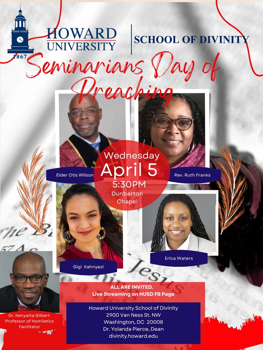 Come join us for our Seminarians' Day of Preaching! Under the direction of Dr. Kenyatta Gilbert, our Professor of Homiletics, this Wednesday's Chapel service will feature Elder O. Wilson, Rev. R. Franks, Ms. G. Kahnyezi, and Ms.E. Waters. Do Not Miss this wonderful event!