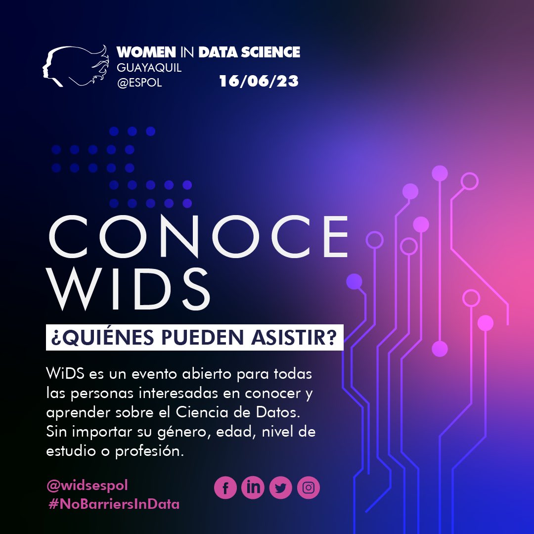 widsespol's tweet photo. WiDS es un evento abierto para todas las personas interesadas en conocer y aprender sobre el Ciencia de Datos. Sin importar su género, edad, nivel de estudio o profesión. #SheScience #SheSTEM #WIDS2023 #widsespol #WomenInScience #NoBarriersInData https://t.co/rhxwwkY0V9