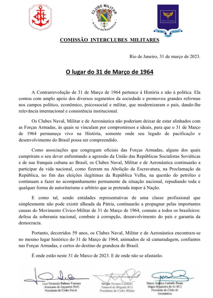 BragaNetto_gen's tweet photo. Nota da Comissão Interclubes Militares sobre 31 de Março de 1964.

https://t.co/IjyPh4044V https://t.co/yqbp566X7p