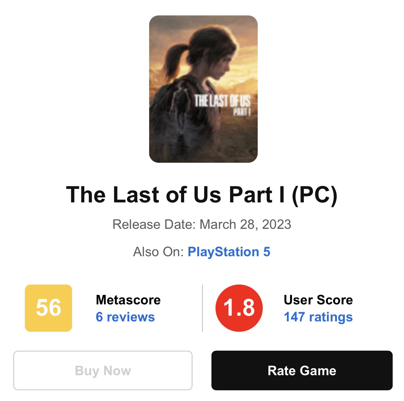 Naughty Dog Central on X: The Last of Us Part I (PC) lands on Metacritic  with a Metascore of 56. This is the first game in the studios history to  hit a