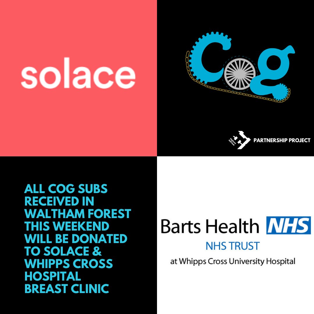 All subs for Waltham Forest COG sessions this weekend will be donated to the The Mayor of Waltham Forest's chosen charitable causes. This means with your support, we will be donating to the domestic abuse charity <a href="/SolaceWomensAid/">Solace Women's Aid</a> &amp; Whipps Cross Hospital Breast Clinic. Thank you.