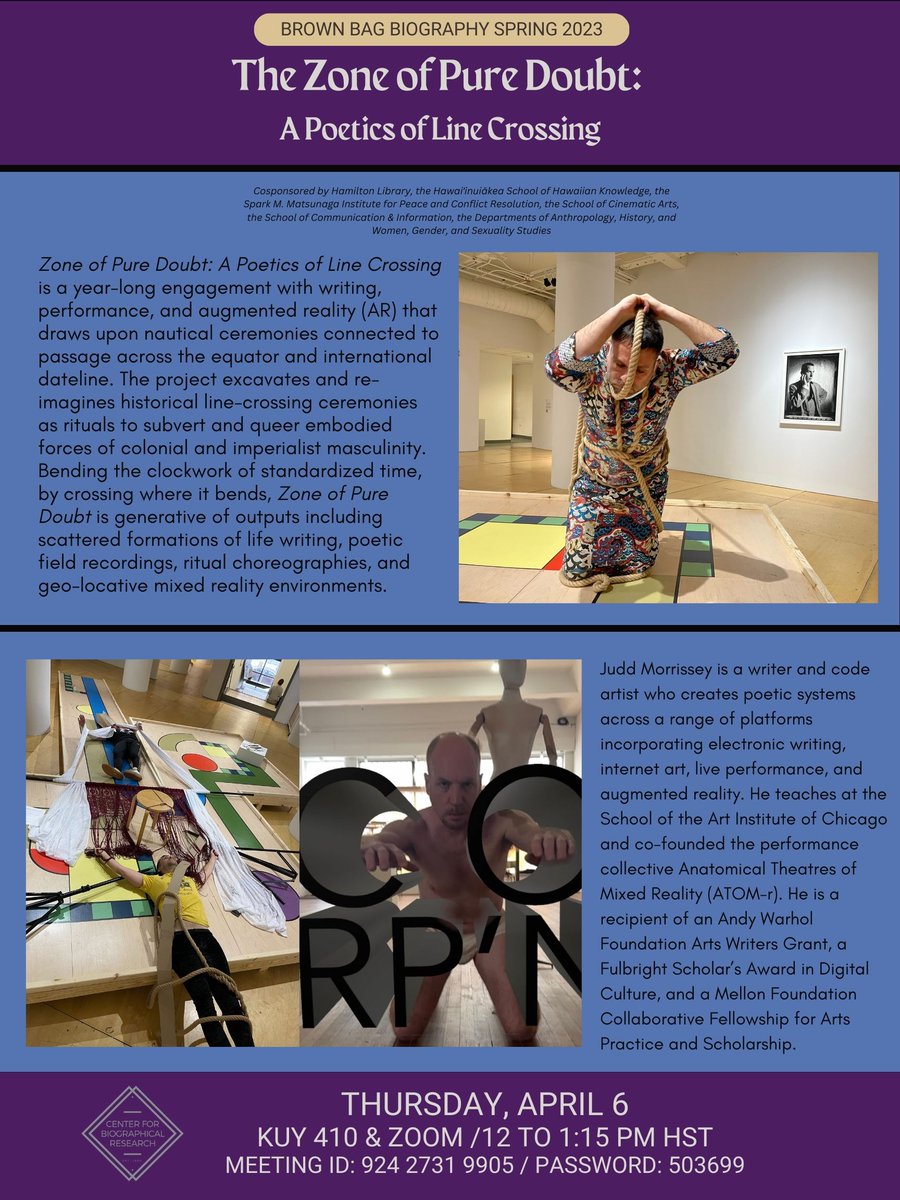 Next week, we'll welcome Visiting Scholar Judd Morrissey to the CBR for his talk, "The Zone of Pure Doubt: A Poetics of Line Crossing." Join us in KUY 410 or on Zoom: hawaii.zoom.us/j/92427319905