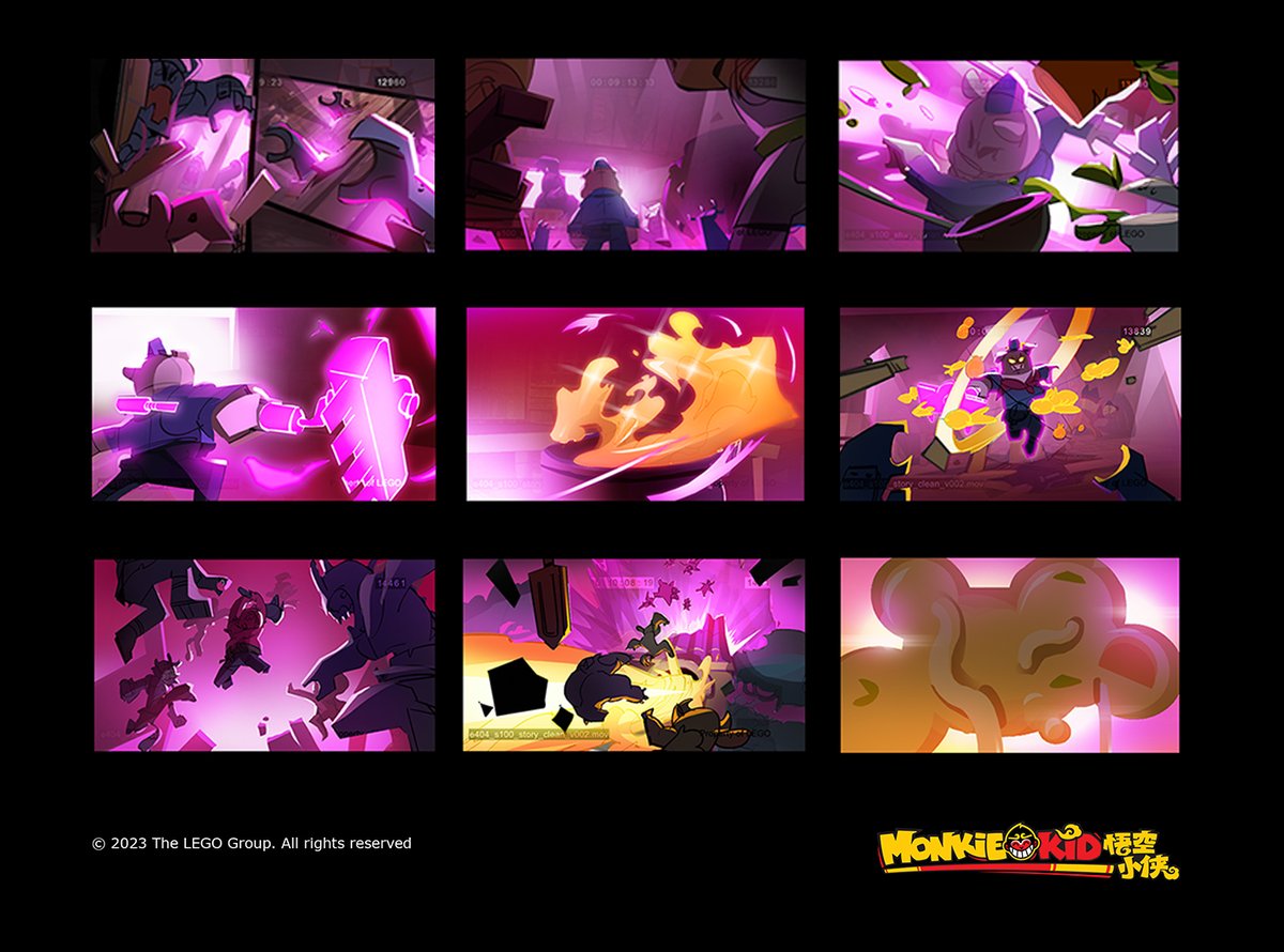 Here's a #monkiekid season 4 Pigsy sequence I got to colorscript. The idea for this set was for the sky outside to be super pink, so as demons tore down the walls there would be  dramatic pink light flooding into the room