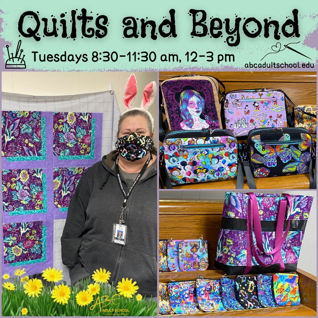 abcadultschool's tweet photo. Join Quilts and Beyond with instructor Angela Dean! Beginners to experienced are welcomed. Patterns are provided and creativity encouraged! 
✂
For more information, go to https://t.co/oeiSNde7IM or call 562-809-9011.
🧵
#ABCAdultSchool #quiltingpatterns #quiltingclass #Cerritos https://t.co/nViwT3N2we