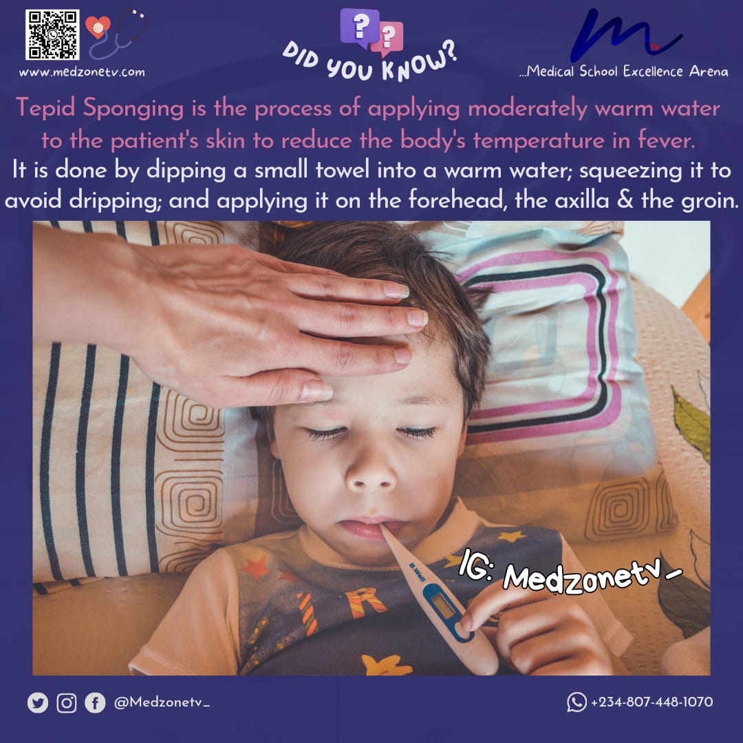 Tepid Sponging is the process of applying moderately warm water to the patient's skin using a small towel with the purpose of reducing the body's temperature in fever. By giving Tepid Sponge, in addition to antipyretic medications, there is rapid temperature reduction in ...