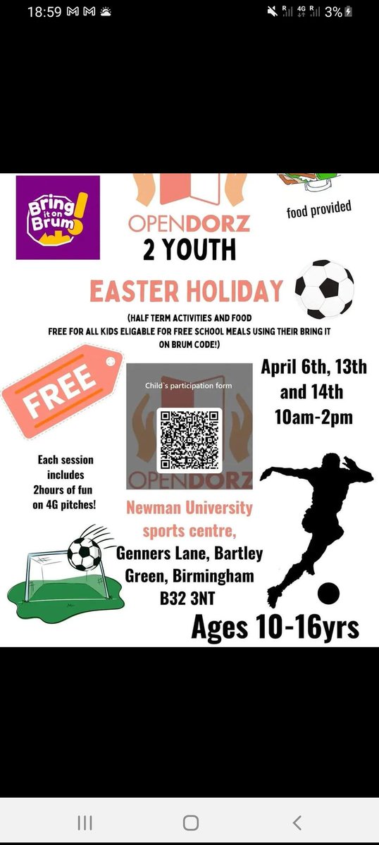 OpenDorz to youth Easter Football Camp

The camp includes;
• 2 hours on 4g pitches 
• Real life skill workshops, fruit tasting and making smoothies 

(children must be eligible for fsm)

forms.office.com/e/wXNwwyhNtK use this link to sign up your child